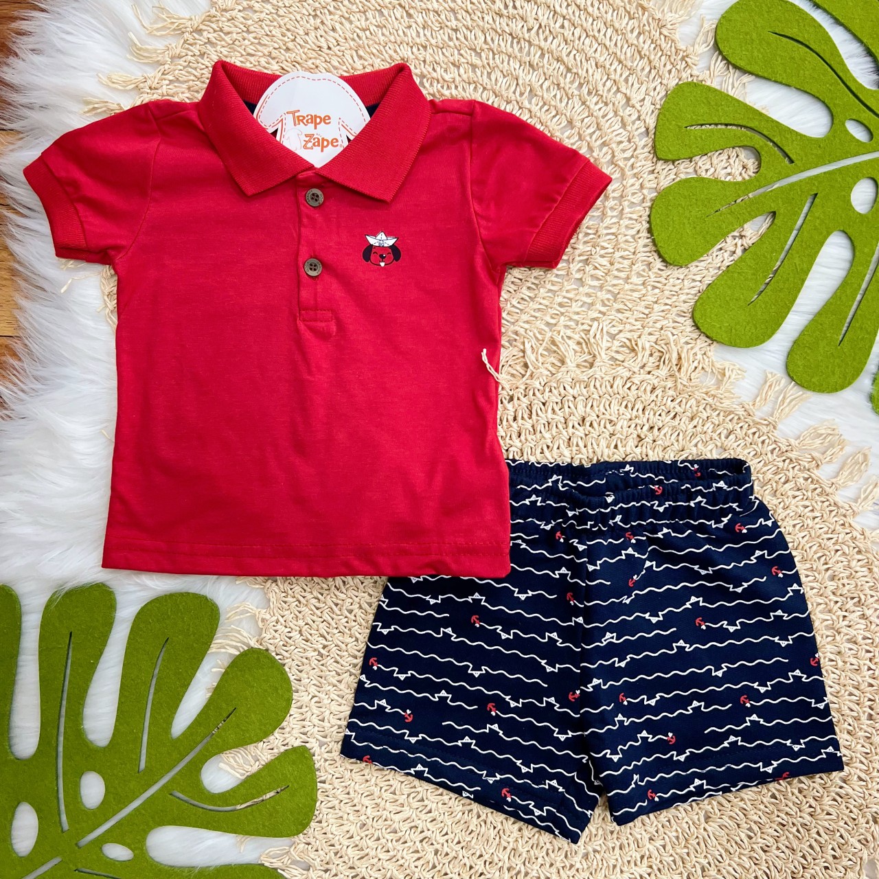 Conj. Camisa Gola Polo Doguinho e Bermuda Âncoras - Vermelho e Marinho